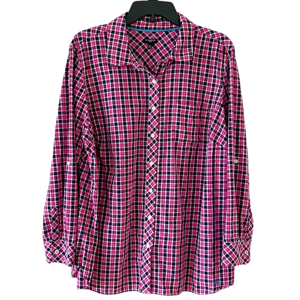 Talbots Woman Button Up Plaid Shirt Size 2X Pink Navy Blue White